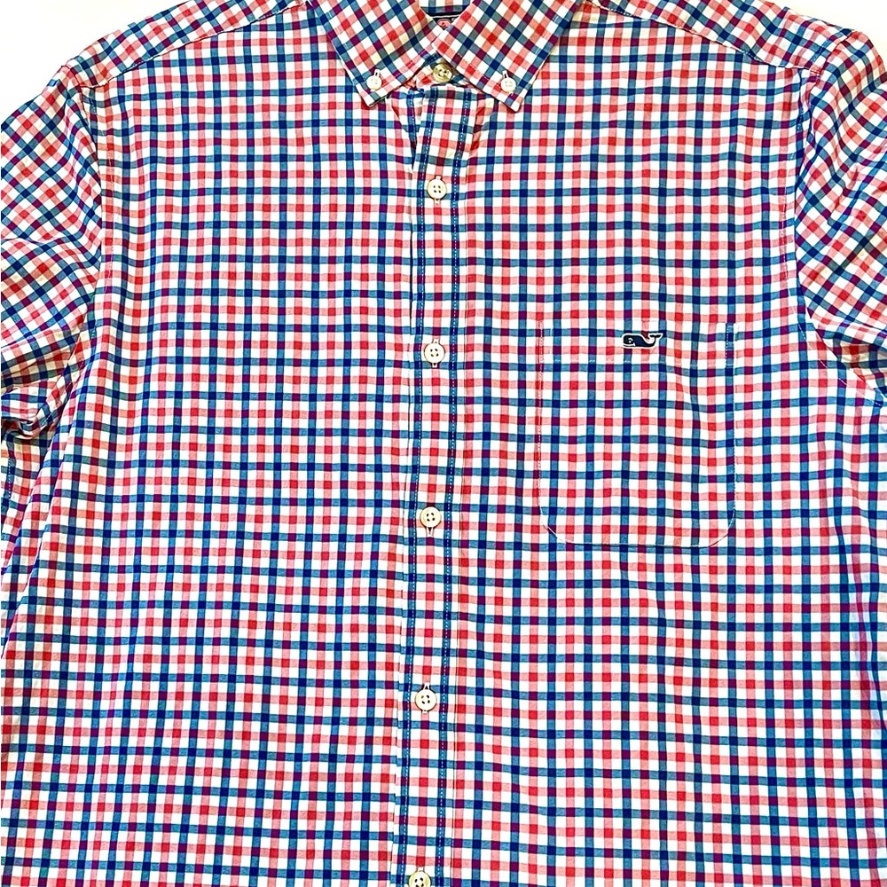 Vineyard Vines Men's Red and Blue Checkered Shirt